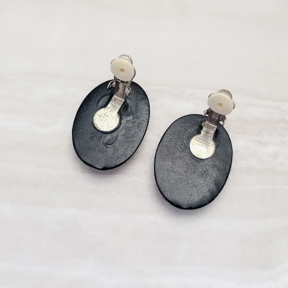 Vintage Clip On Earrings Stylish Black Large Oval - 1 & 3/8